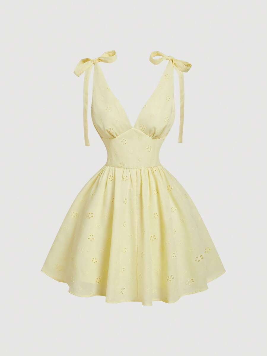 SHEIN MOD 女士 V 领细肩带蝴蝶结黄色短款派对礼服，音乐节服装茶会礼服女士可爱礼服，度假礼服 - 黃色 - 查看 1