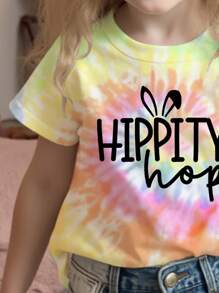 Summer New Vibrant Colorful Tie-Dye Cute Happy English Text Print Round Neck Short Sleeve T-Shirt For Little Girls