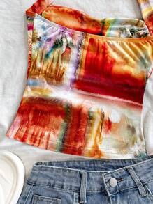 Soleia Summer For Women,Western Wear Women,Summer Tops,Crop Tops Women,Concert Women,Rave Festival,Cruise Attire Women,Birthday For Women,Going Out Tops,Vacation Woman,Tank Tops Women,Vacation Women's Colorful Tie Dye Floral Print Pleated Halter Backless Tank Top With Bowknot - Multicolor - View 7