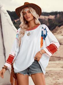 LanaWest Women's Casual Boho Colorblock Patchwork Contrast Color Short Sleeve Crew Neck T-Shirt, Suitable For Music Festivals & Parties - Blue - View 5