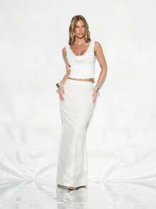 KIZN 围脖领无袖短款上衣优雅晚会俱乐部装夏季紧身背心修身现代简约时尚必备 - 白色 - 查看 5