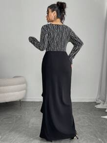 Modelyn 大码闪光条纹 V 领紧身开衩下摆高腰连衣裙 - 黑色 - 查看 5