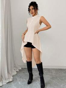 Elenzga Stand Collar Sleeveless Cinched Waist Fishtail Hem Long Shirt, Elegant Work Wear For Spring/Summer - Apricot - View 6