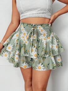 Flirla Plus Size Women Floral Print Drawstring Waist Double Layered Shorts - Multicolor - View 5