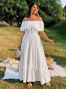 Flirla Plus Size Women Elegant Off Shoulder Ruffled Waist A-Line Midi Lace Dress, Spring/Summer - Multicolor - View 1