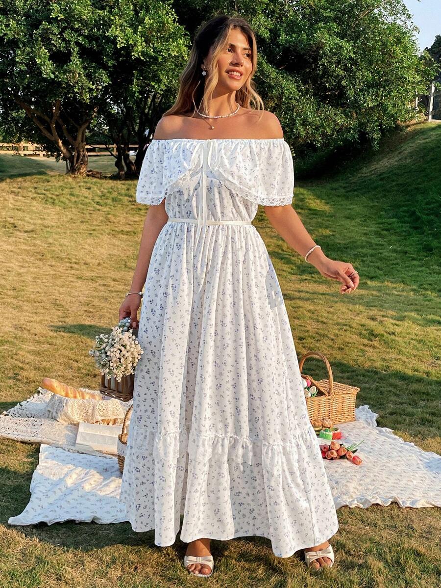 Flirla Plus Size Women Elegant Off Shoulder Ruffled Waist A-Line Midi Lace Dress, Spring/Summer - Multicolor - View 1