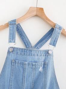 TEEN GIRL Casual Daily Simple Urban Street Light Wash Adjustable Straps Denim Overall Shorts, With Basic 6 Pockets, Ripped Destroy Raw Hem Details. Girls Must Have Daily Fashion Item - Light Wash - View 3
