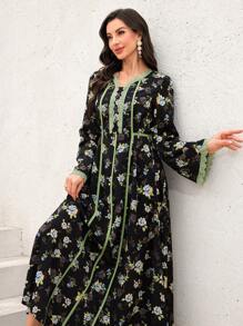 Al Najma Arabic Style Women Spring/Summer Contrast Color Ruffle Trim Bell Sleeve Dress,Modest - Black - View 3