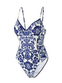 Swim Chiccia Beach Summer One-Piece Swimsuit With Floral Retro Print, Blue Gathered Design, Elegant And Classy Women Swimwear For Holiday - Blue - View 8