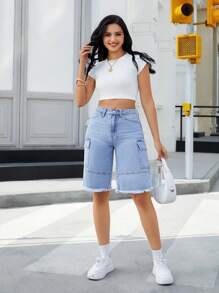 SHEIN Essnce Women's Casual Distressed Denim Cargo Shorts - Medium Wash - View 3