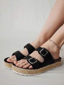 Solecia Sandalias de suela gruesa con material de PU negro y cuerda en la parte inferior, adecuadas para ir al trabajo, citas, fiestas y vacaciones