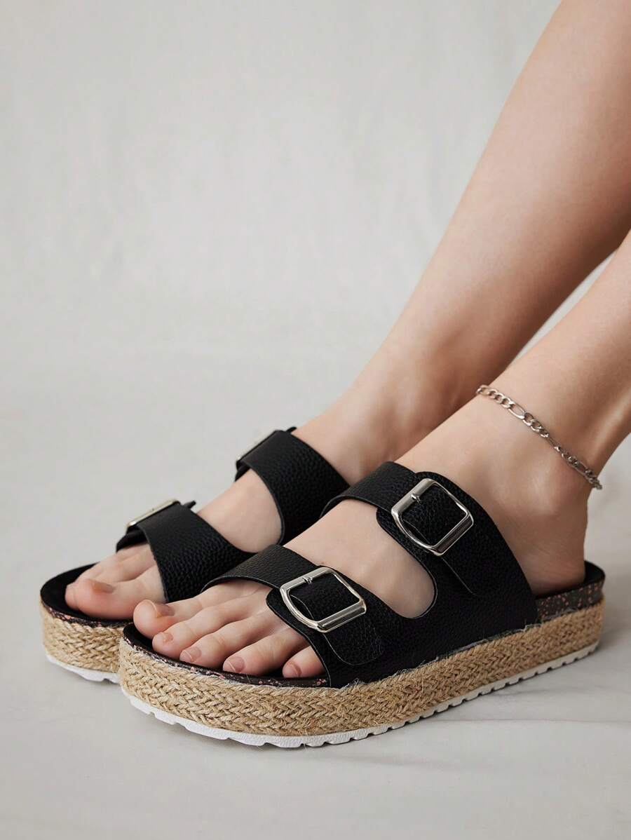Solecia Sandalias de suela gruesa con material de PU negro y cuerda en la parte inferior, adecuadas para ir al trabajo, citas, fiestas y vacaciones