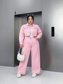 SHEIN EZwear 大码彩色直筒宽松牛仔裤 - 粉色 - 查看 6