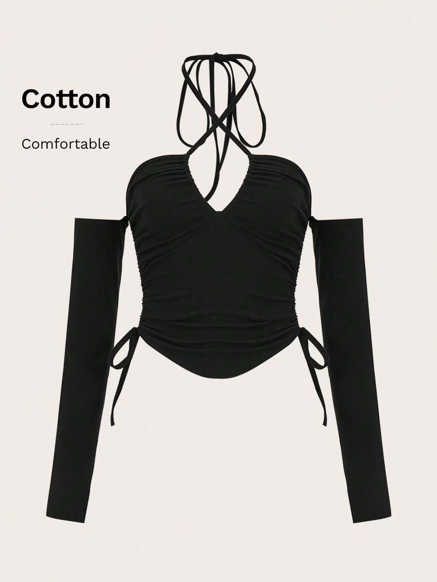 SHEIN ICON Solid Drawstring Side Halter Y2k Top - Black - View 1