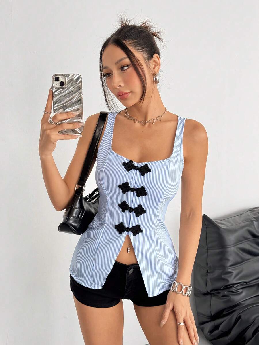 SHEIN Unity 法式设计时尚百搭女士蝴蝶结无袖条纹衬衫背心 - 藍色 - 查看 1