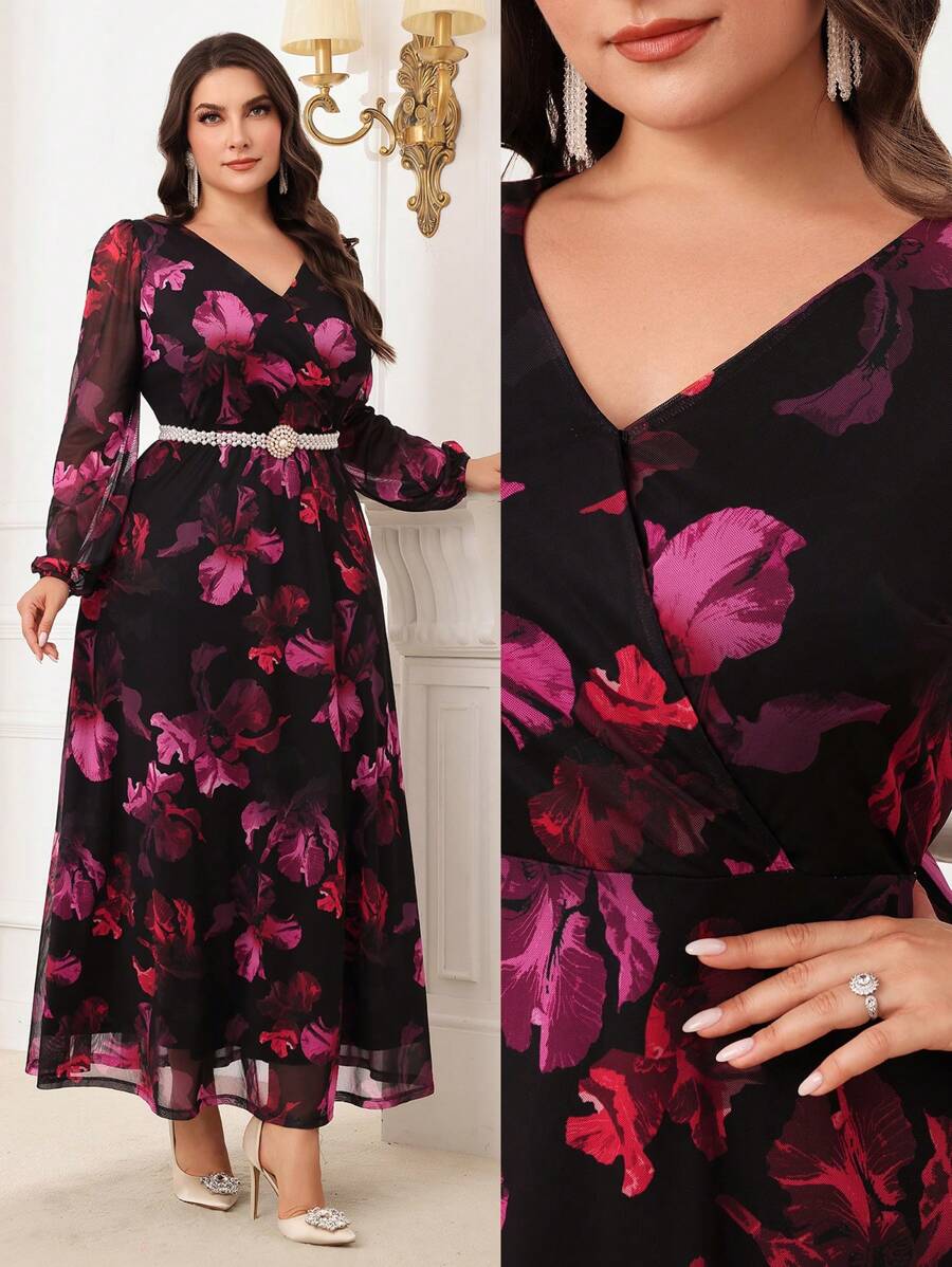 Modelyn Robe longue de soirée à manches longues imprimé floral avec col en V et enveloppée, pour grandes tailles - Multicolore - Voir 1