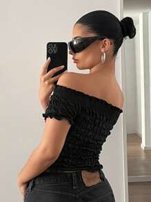 SHEIN ICON Summer For Women Concert Women Off Shoulder Ruched Bodycon Short Sleeve T-Shirt - Black - View 2