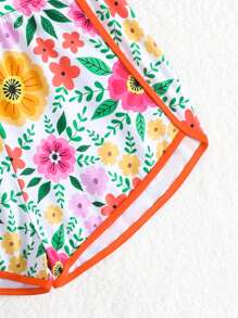 Tween Girls Floral Print Splicing One-Piece Swimsuit With Board Shorts For Beach Vacation - Orange - View 4