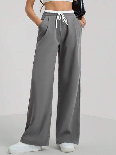 SHEIN Tall Low-Waist, Color Block Waistband, Women's Sports Pants, Wide-Leg Pants, Everyday Casual Style