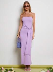 COSMINA Women's Elegant Purple String Decor Mid-Length Dress, Suitable For Dates, Spring/Summer,Lavender Dress