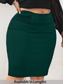 SHEIN Tall CURVE Plus Size Solid Color Pleated High Waist Bodycon Green Skirt - Dark Green - View 1