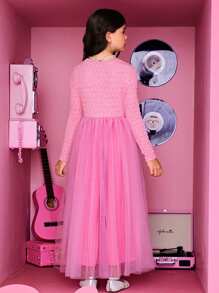 SHEIN Leap Crew Tween Girl Contrast Mesh Hem Dress Without Belt - Pink - View 2