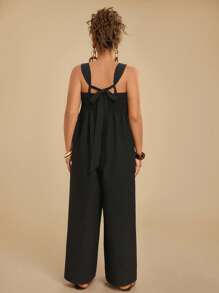 Travachic 大码女式休闲连体裤，带可调节肩带，蝴蝶结背部设计，口袋，宽松版型，适合夏季度假 - 黑色 - 查看 2
