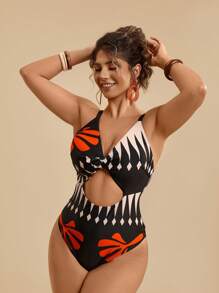 Travachic Plus Size Tropical Beach Holiday Print Front Twist Hollow Sexy Slimming One-Piece Swimsuit For Women - Multicolor - View 3