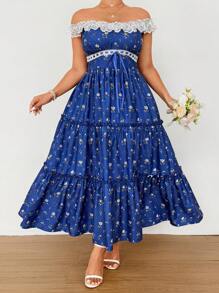 Flirla Plus Size Women Square Collar Contrast Lace Romantic Vacation Dress, Spring/Summer - Blue - View 1