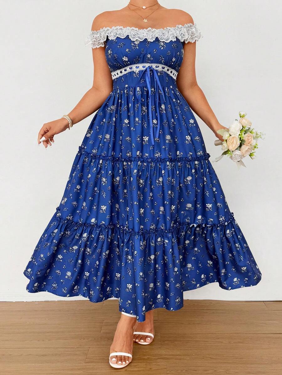 Flirla Plus Size Women Square Collar Contrast Lace Romantic Vacation Dress, Spring/Summer - Blue - View 1