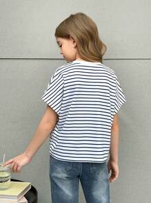 SHEIN Tween Girl Casual Striped Round Neck Blouse - Blue and White - View 2