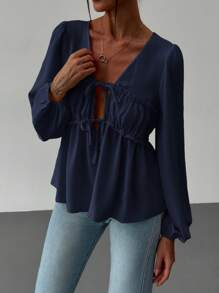 Aloruh Blusa suelta para mujer con cuello en V, mangas abullonadas, acabado con volantes y cierre delantero en nudo, para una cita romántica