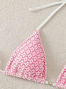 Swim Mod Women's Textured Fabric Halter Triangle Bikini Top, For Summer Beach - Pink - View 3