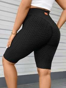 SHEIN Essnce 大码女式春夏时尚休闲运动舒适高弹力纹理面料日常修身黑色机车短裤紧身裤、女式下装、街头服饰、女士夏季服装、夏季短裤、慢跑裤、曲线裤