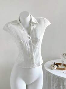 Elamini New Arrival Fashionable Casual Jacquard Striped Texture Slim Fit Button Down Short Sleeve Shirt For Women - White - View 1