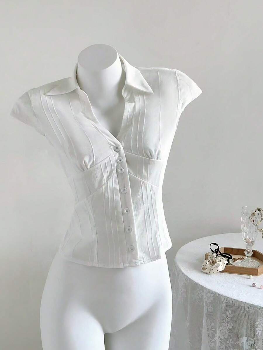 Elamini New Arrival Fashionable Casual Jacquard Striped Texture Slim Fit Button Down Short Sleeve Shirt For Women - White - View 1