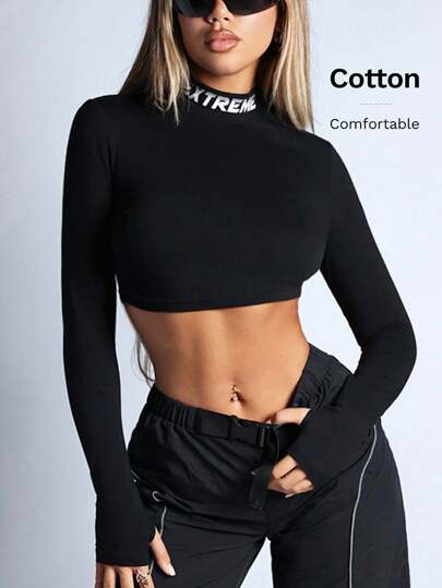 SHEIN ICON Letter Graphic Mock Neck Crop Bikercore Black Tee