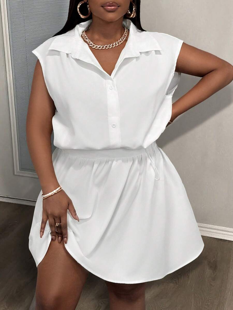 Slaydiva Ensemble 2 pièces grande taille femme - Blouse ajustée sans manches blanche unie avec col froncé et ourlet avec cordon, et mini-jupe trapèze froncée à la taille, casual, printemps/été