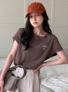 DAZY Letter Printed Short Sleeve T-Shirt - Coffee Brown - View 8