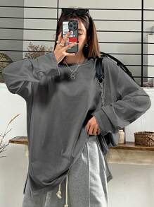 DAZY Split Hem Drop Shoulder Tee,Fall Clothes Long Sleeve Women Tops - Dark Grey - View 6