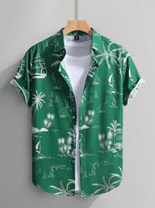 Manfinity RSRT Men's Palm Tree Print Single-Breasted Casual Short Sleeve Shirt - Dark Green - View 1
