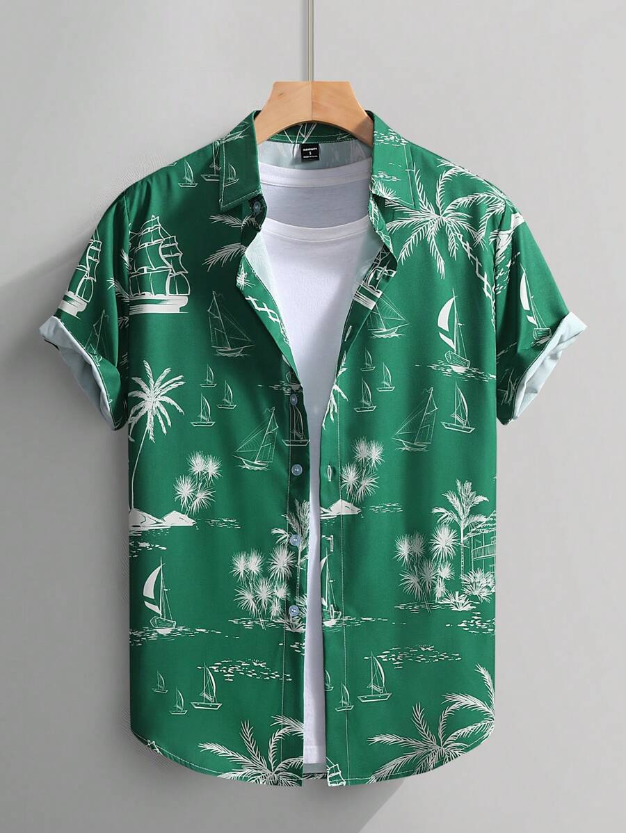 Manfinity RSRT Men's Palm Tree Print Single-Breasted Casual Short Sleeve Shirt - Dark Green - View 1