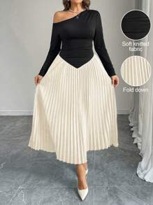 Celure Plus Size Asymmetric Collar Shoulder Pleat Patchwork Hem Elegant Party Dress, Suitable For Valentine's Day Maxi Women Outfit