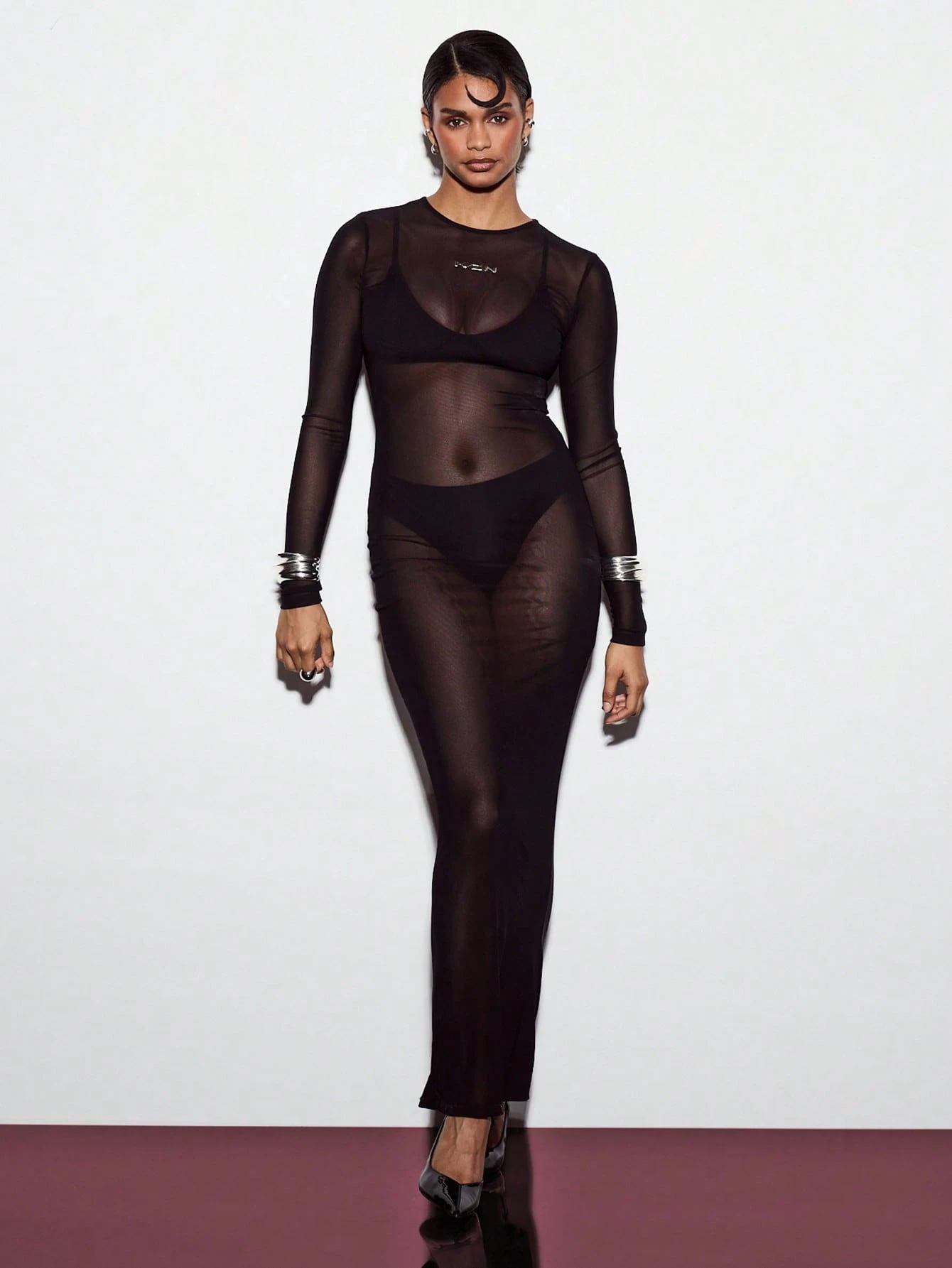 KIZN Metallic Mesh Long Sleeve Shimmer Glitter Maxi Dress