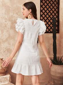 SHEIN Robe décontractée pour adolescentes en mousseline de soie, à manches à volants et motif jacquard unicolore