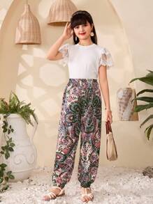 SHEIN Tween Girl' Retro Print Pattern Long Pants, Suitable For Vacation - Pink - View 7