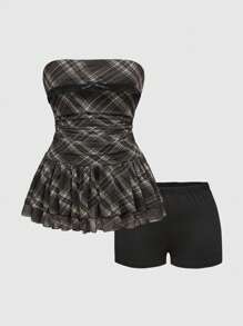 ROMWE J-Fashion 大码女式复古格子印花 A 字形连衣裙 - 棕色 - 查看 3