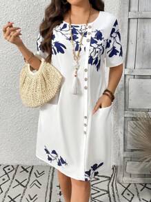 EMERY ROSE Vestido casual con botones delanteros y bolsillo con estampado floral para mujer de talla grande - Azul - Ver 4