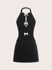 Easelle Black Velvet Bow Decor Backless Halter Top And Mini Skirt Fitted 2 Pieces Set - Black and White - View 3