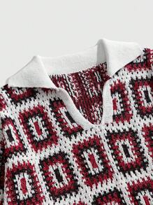 ROMWE MEN Casual Men's Loose Raglan Geometric Pattern Hollow Knitted Short Sleeve Sweater,Vacation - White - View 4